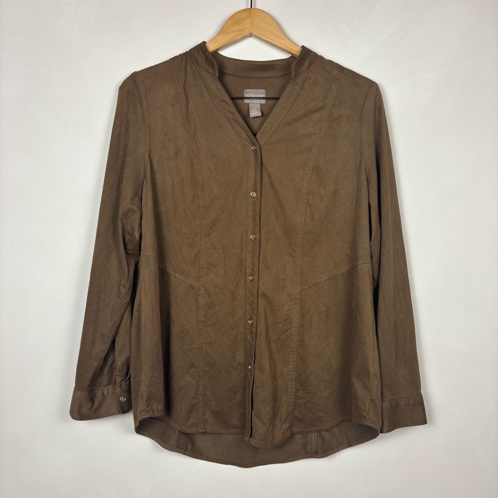 Chico's Women's Faux Suede Long Sleeve Button Down Top Brown Sz 1 M Casual Chic